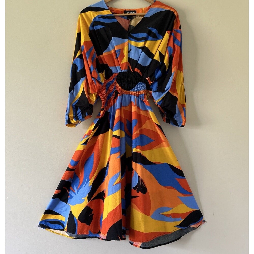 ASHRO Size 12 Vibrant Color Block Circle Dress Knee Length  V-Neck 100% Cotton